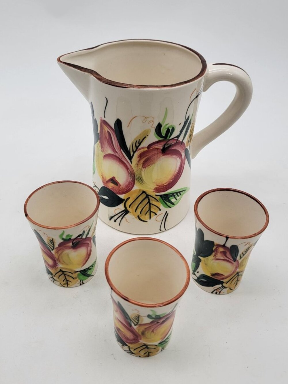 Vintage Nasco Hand-Painted Pitcher 3 Cup Set Floral Design Ceramic Made In Japan